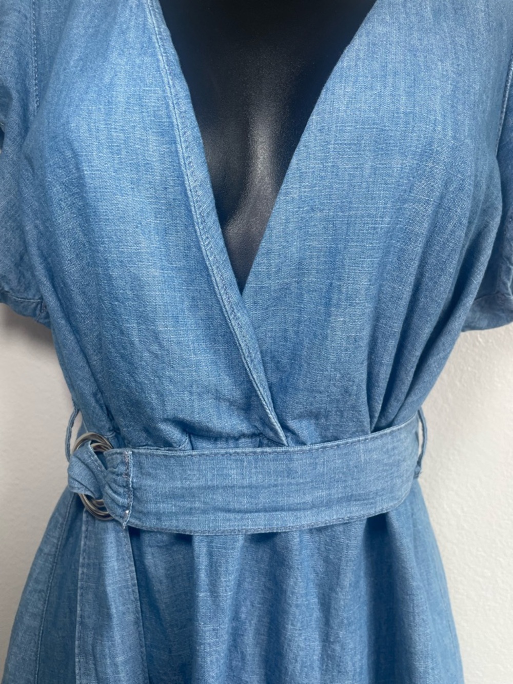 Topshop US 8 Chambray Denim Look Wrap Dress Flutter Sleeve Belted Midi Blue - Picture 6 of 11